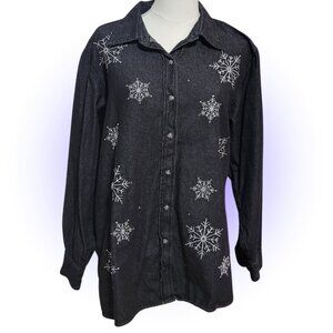 VTG Y2K SNOWFLAKE EMBROIDERED MCBLING BUTTON DOWN HOLIDAY T-SHIRT EUC L